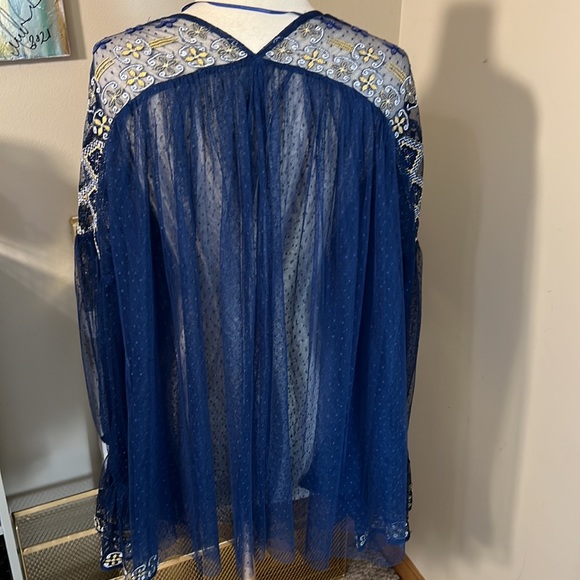 Free People Joyride Knit Sheer Lace Navy Blue Embroidered Top - Picture 13 of 14